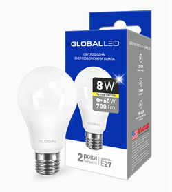 Лампа светодиодная GLOBAL LED A60 8W 3000K 220V E27 AL