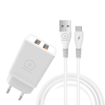 Зарядне USB T55 5V, 3.1A, 2xUSB A 15W+кабель Type-C