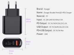 USB charger QC3.0 Quick Charge PD 2xUSB with display black