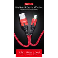 Кабель USB 2.0 AM/ Type-C 1м с подсветкой красный