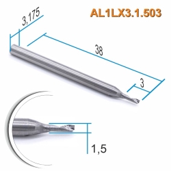 Single-flute spiral cutter DJTOL ACL1LX3.1.503 L = 3mm/D = 1.5/shank 3.175mm